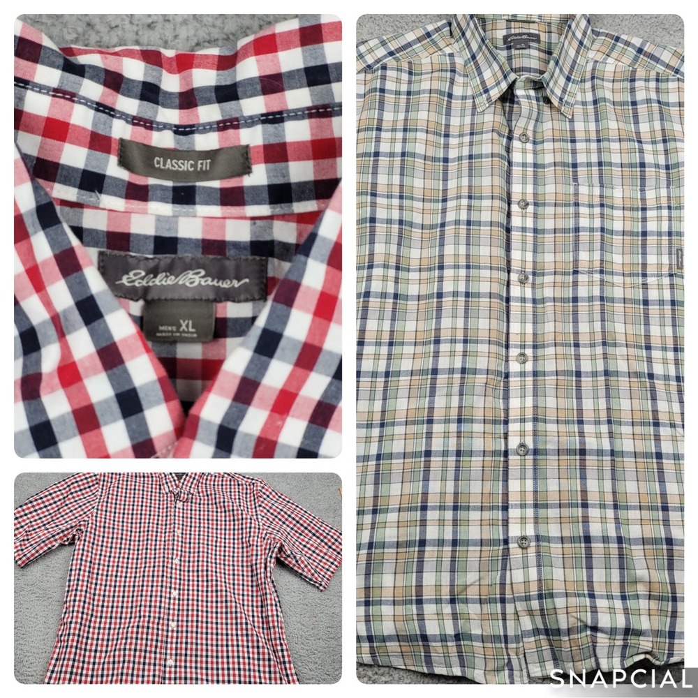 Eddie Bauer Mens XL Short Sleeve Classic‎ Fit Plaid Button Up Shirt Lot of 2